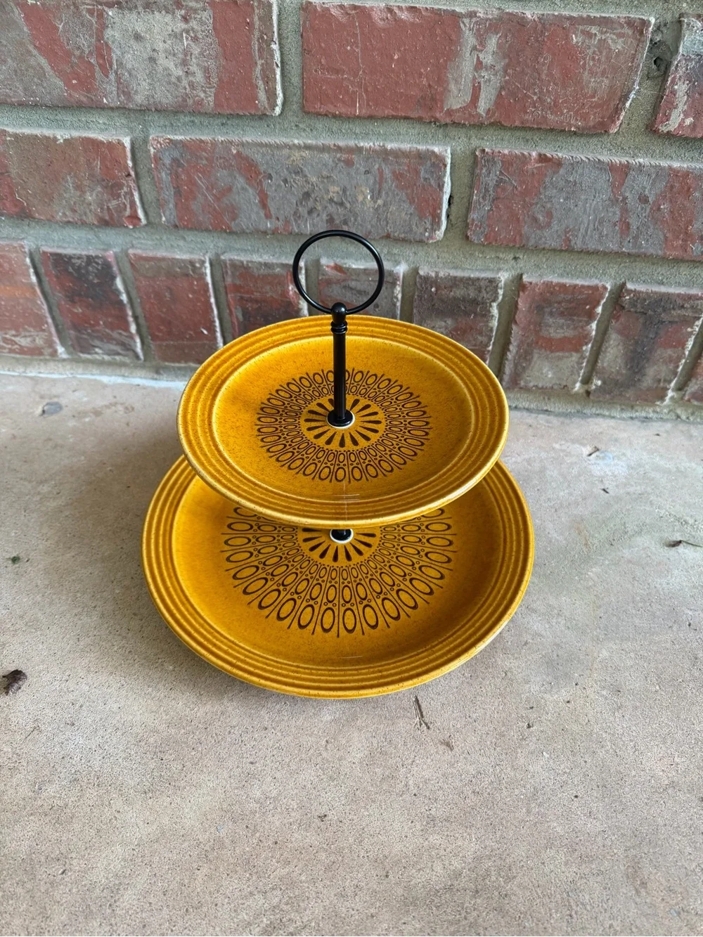 Homer Laughlin Speckled Mustard Yellow Plate Tiered Tray - Handmade